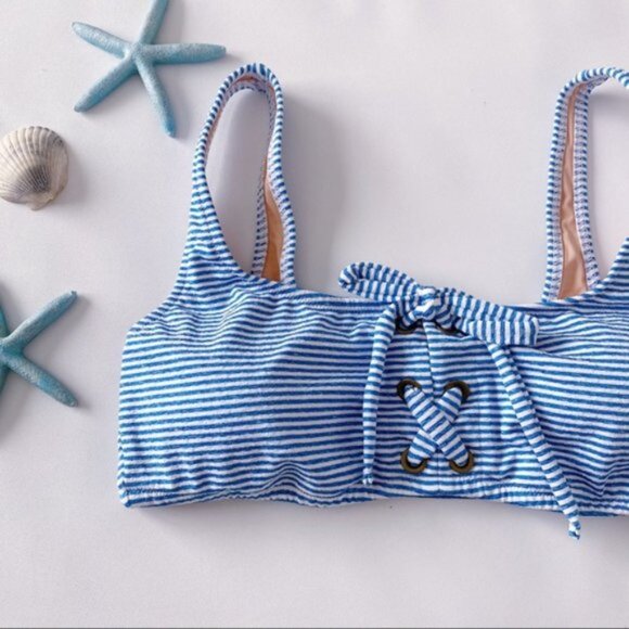 J. Crew | Lace Up Bikini Top Faded Stripe Blue White Preppy Nautical Swimwear XL - Picture 5 of 11